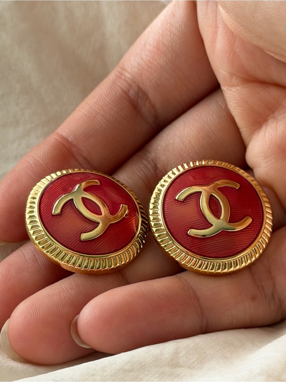 CHANEL Gold-Tone CC Pinkish Red Enamel Earrings - Picture 6 of 14
